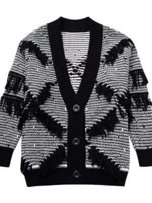 V Neck Loose Fall and Winter Women's Tassel Trimmed Knit Cardigan Sweater
