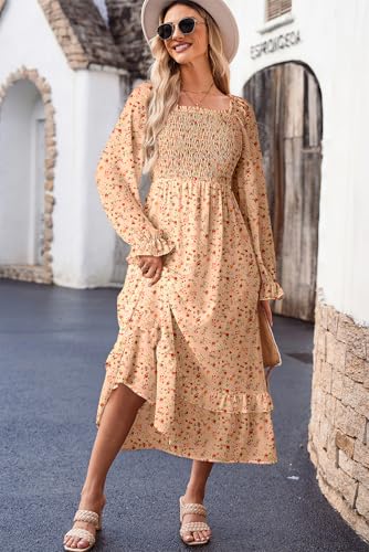 Boho Dresses for Women 2025 Casual Floral Square Neck Long Sleeve Smocked Elastic Waist Tiered Ruffle Hem Maxi Dress