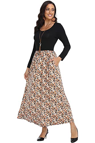 Women's Long Sleeves Maxi Dress Plain Empire Waist Casual Dress Loose Fall/Winter Dresses with Pockets
