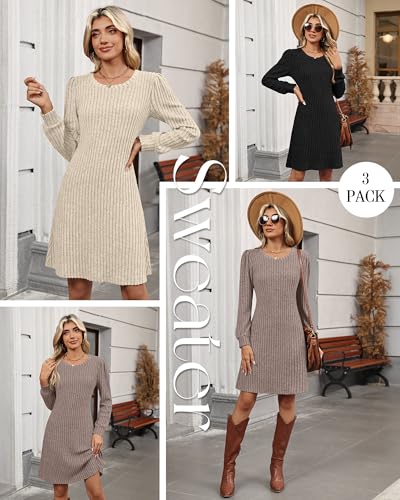 3 Pack Women's Long Sleeve Sweater Dress Ribbed Knit Crew Neck Tunic Dresses 2025 Fall Casual Trendy Outfits