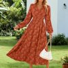 Womens Boho Floral Long Sleeve Maxi Dress V Neck Empire Waist Fall Wedding Guest Dresses with Pockets