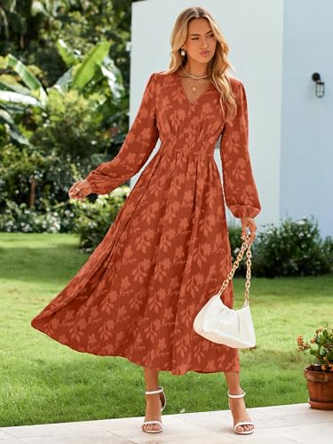 Womens Boho Floral Long Sleeve Maxi Dress V Neck Empire Waist Fall Wedding Guest Dresses with Pockets
