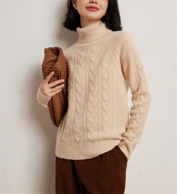 Women's Turtle Neck 100 Percent Cashmere Cable Knit Pullover Fall Winter Thick Warm Casual Style