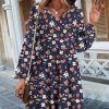 Womens Casual A Line Dress V Neck Tiered Long Sleeve Fit Swing Dress with Pockets Loose Ruffled Dresses