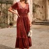 Womens Fall Velvet Dress Short Sleeve V Neck Floral Maxi Dress Long Formal Winter Wedding Guest Dresses