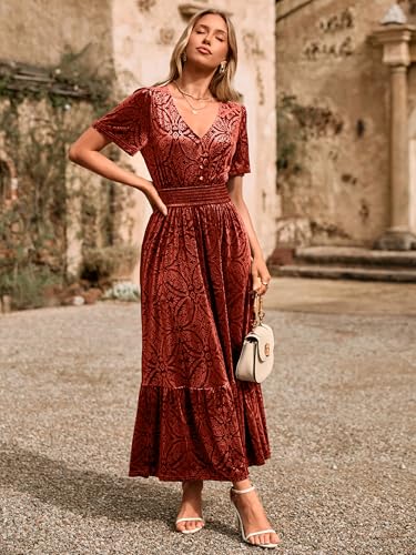 Womens Fall Velvet Dress Short Sleeve V Neck Floral Maxi Dress Long Formal Winter Wedding Guest Dresses
