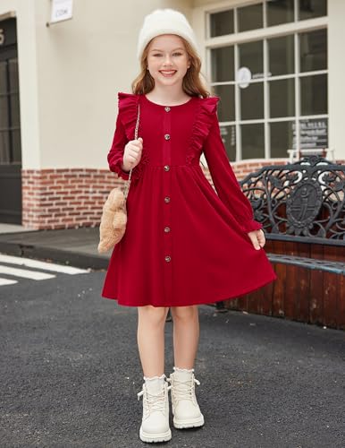 Toddler Fall Winter Sweater Dress Ruffle Long Sleeve Ribbed Knit Button Down Casual Dresses with Pockets