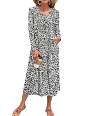 Women's Long Sleeve Maxi Dress with Pockets - Casual, Knit, Loose, Button, Crew Neck, Lightweight(XS-3XL)