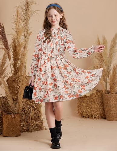 Girls' Fall Long Sleeve Dresses Kids Floral Winter Formal Dress Girl Casual Fancy Midi Clothes Size 6-14