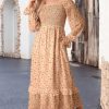 Boho Dresses for Women 2025 Casual Floral Square Neck Long Sleeve Smocked Elastic Waist Tiered Ruffle Hem Maxi Dress