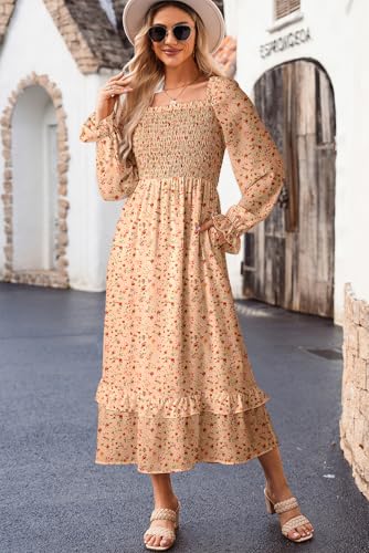 Boho Dresses for Women 2025 Casual Floral Square Neck Long Sleeve Smocked Elastic Waist Tiered Ruffle Hem Maxi Dress