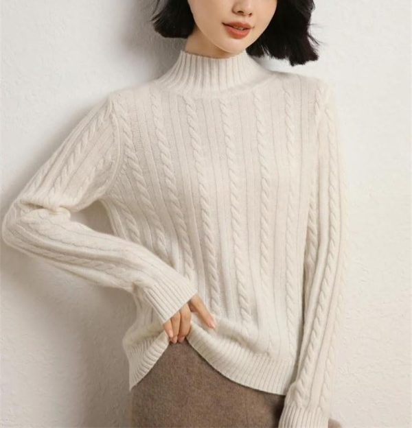 Women's Mock Neck Long Sleeve 100 Percent Cashmere Cable Knitting Pullover Fall Winter Thick Soft