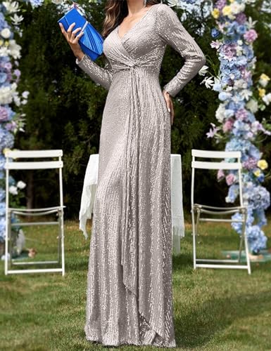 Long Sleeve Sequin Dress for Women Formal Gowns Sparkly V Neck Maxi Dress