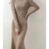 Women's Half High Collar Wool Knitted Medium Long Loose Straight Split Simple Dress for Fall Winter