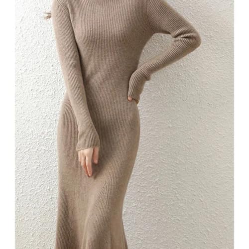 Women's Half High Collar Wool Knitted Medium Long Loose Straight Split Simple Dress for Fall Winter