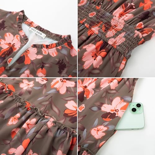 Women Floral Maxi Dress,2025 Fall Long Sleeve Casual Dresses,V Neck Boho Flowy Elegant Dress with Pockets