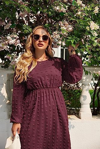 Women's Plus Size Swiss Dot Long Sleeve Chiffon Dress Flowy High Waist A Line Ruffle Babydoll Midi Dresses 16W-24W