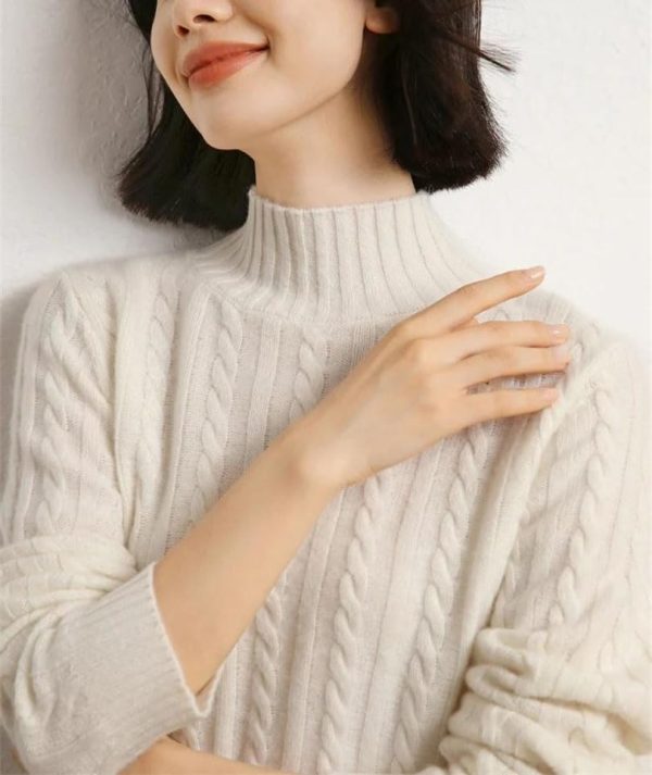 Women's Mock Neck Long Sleeve 100 Percent Cashmere Cable Knitting Pullover Fall Winter Thick Soft