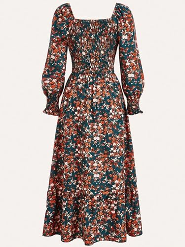 Women's Plus Size Fall Dress Long Sleeve Square Neck Floral Print Smocked A Line Boho Flowy Maxi Dresses with Pockets