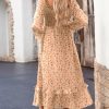 Boho Dresses for Women 2025 Casual Floral Square Neck Long Sleeve Smocked Elastic Waist Tiered Ruffle Hem Maxi Dress