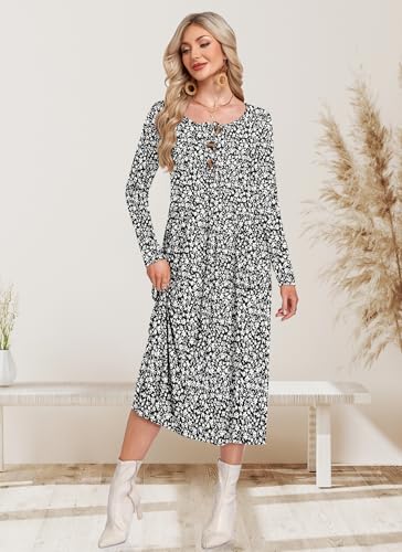 Women's Long Sleeve Maxi Dress with Pockets - Casual, Knit, Loose, Button, Crew Neck, Lightweight(XS-3XL)