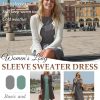 2 Pack Women's Long Sleeve Sweater Dress Ribbed Pleated Casual Round Neck Knee Length Dress with Pocket