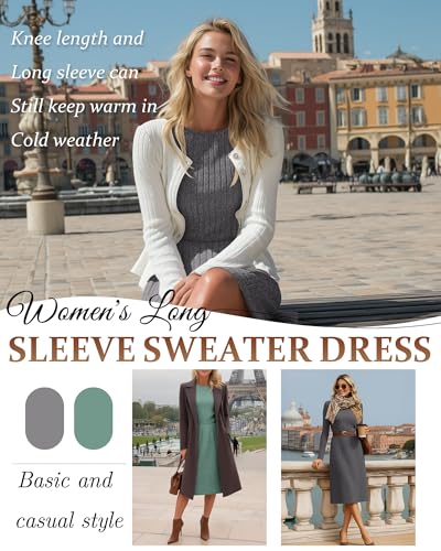 2 Pack Women's Long Sleeve Sweater Dress Ribbed Pleated Casual Round Neck Knee Length Dress with Pocket