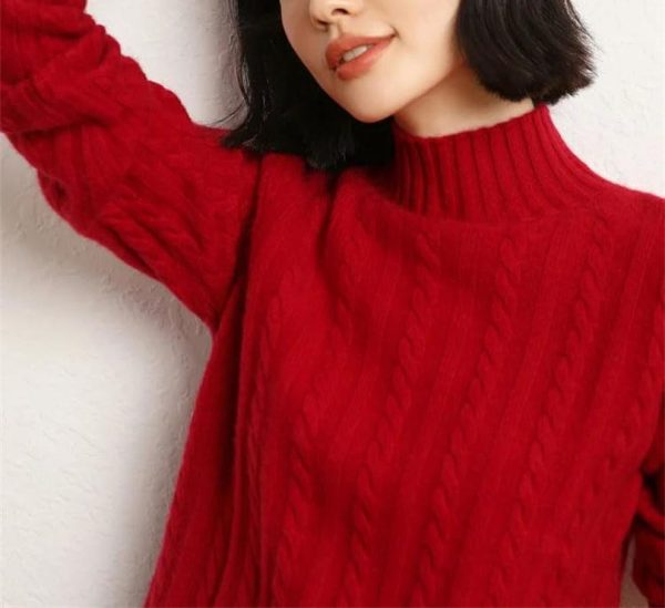Women's Mock Neck Long Sleeve 100 Percent Cashmere Cable Knitting Pullover Fall Winter Thick Soft