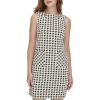 Womens Sleeveless Boat Neck Textured Knit Shift Mini Dress