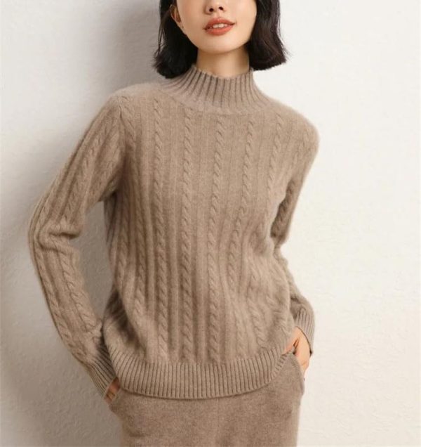 Women's Mock Neck Long Sleeve 100 Percent Cashmere Cable Knitting Pullover Fall Winter Thick Soft