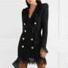 Women's Tassel Shift Dress – V-Neck Metallic Button, Black White Event Gown