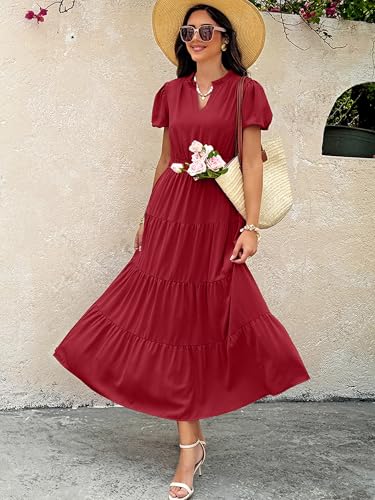 Summer Maxi Dress for Women Casual Flowy V Neck Short Sleeve A Line Empire Waist Tiered Long Dresses with Pockets