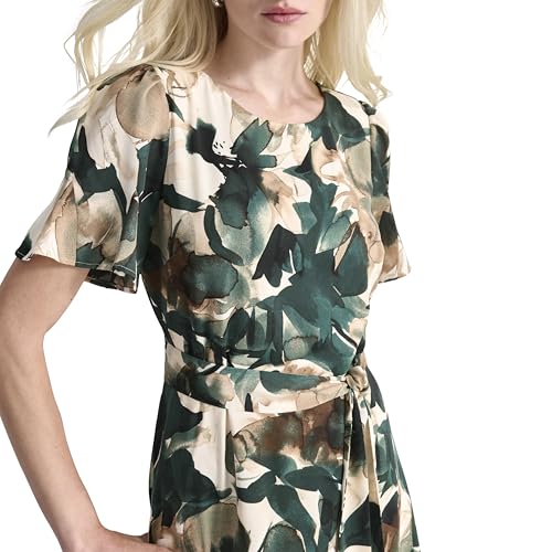 Womens Flutter Sleeve Round Neck Waist Tie Midi Dress