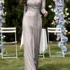 Long Sleeve Sequin Dress for Women Formal Gowns Sparkly V Neck Maxi Dress