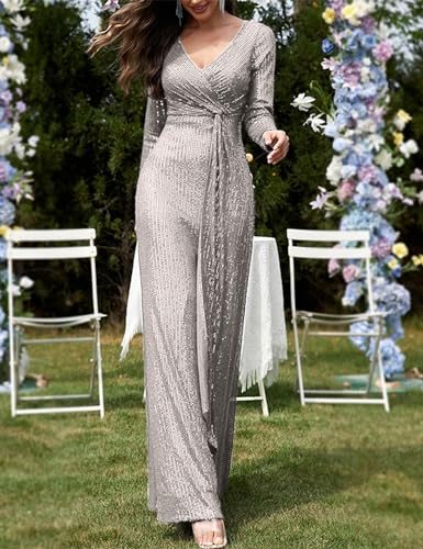 Long Sleeve Sequin Dress for Women Formal Gowns Sparkly V Neck Maxi Dress