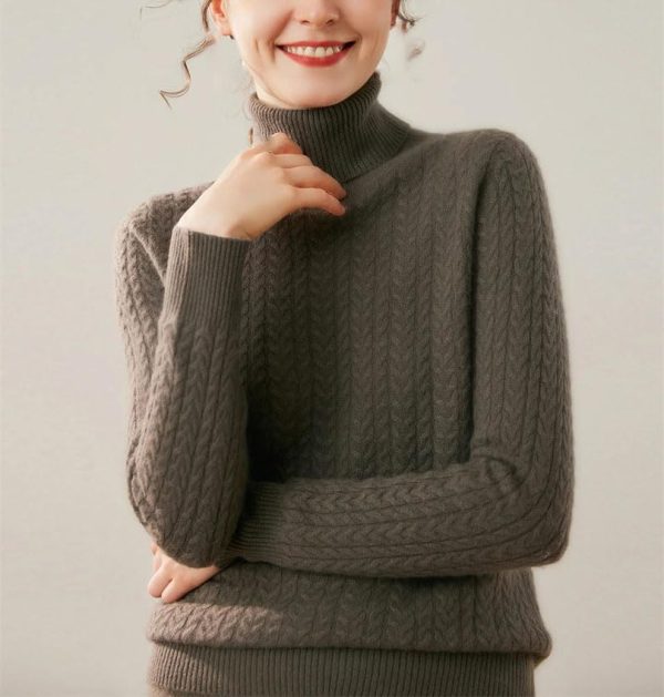 Women's High Collar 100 Percent Cashmere Cable Knit Turtleneck Sweater Fall Winter Pullover