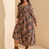 Women's Plus Size Fall Dress Long Sleeve Square Neck Floral Print Smocked A Line Boho Flowy Maxi Dresses with Pockets