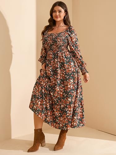 Women's Plus Size Fall Dress Long Sleeve Square Neck Floral Print Smocked A Line Boho Flowy Maxi Dresses with Pockets