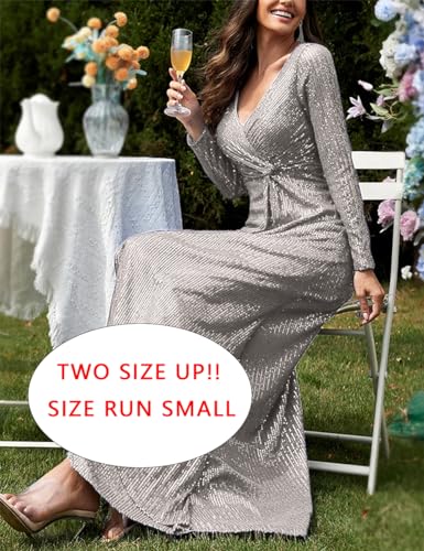 Long Sleeve Sequin Dress for Women Formal Gowns Sparkly V Neck Maxi Dress