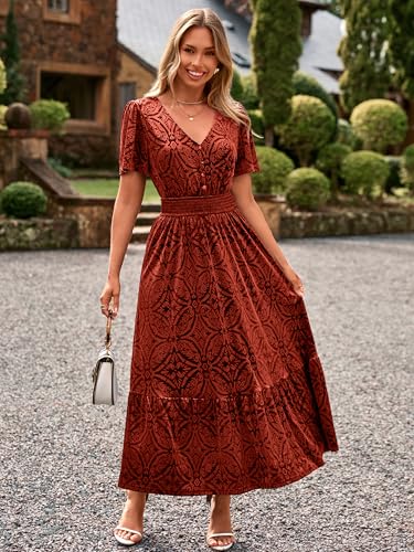 Womens Fall Velvet Dress Short Sleeve V Neck Floral Maxi Dress Long Formal Winter Wedding Guest Dresses