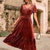 Womens Fall Velvet Dress Short Sleeve V Neck Floral Maxi Dress Long Formal Winter Wedding Guest Dresses