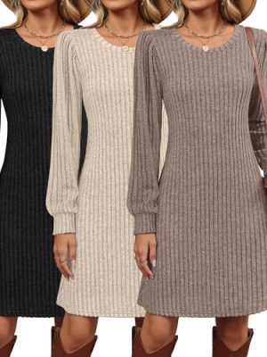 3 Pack Women's Long Sleeve Sweater Dress Ribbed Knit Crew Neck Tunic Dresses 2025 Fall Casual Trendy Outfits