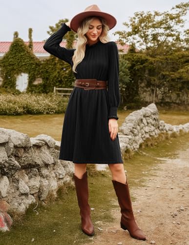 Fall Dresses for Women 2025 Casual Long Sleeve Crew Neck Ribbed Belted Dresses with Pocket