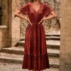 Womens Fall Velvet Dress Short Sleeve V Neck Floral Maxi Dress Long Formal Winter Wedding Guest Dresses