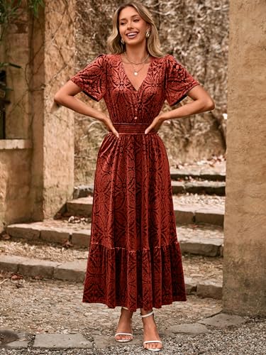 Womens Fall Velvet Dress Short Sleeve V Neck Floral Maxi Dress Long Formal Winter Wedding Guest Dresses