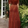 Women's Fall Winter Vintage Velvet Dress Short Sleeve V Neck Elastic Waist Tiered Ruffle A-Line Flowy Maxi Dress