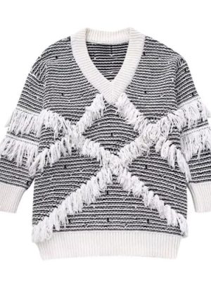 Fall and Winter Women's Loose Striped Fringe Trimmed Knit Sweater