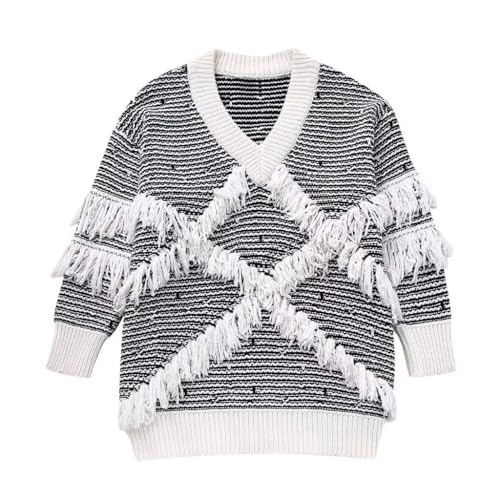 Fall and Winter Women's Loose Striped Fringe Trimmed Knit Sweater