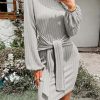 Women's Casual Knit Dress Long Lantern Sleeve Fall Bodycon Dress Crewneck Tie Waist Rib Knitted Sweater Dresses