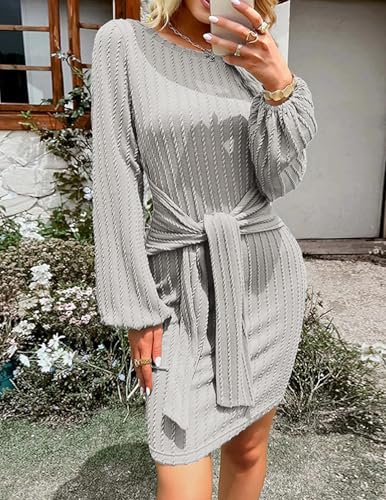 Women's Casual Knit Dress Long Lantern Sleeve Fall Bodycon Dress Crewneck Tie Waist Rib Knitted Sweater Dresses